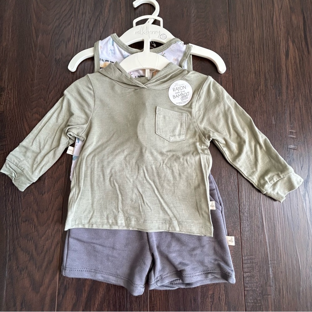 Milkberry 3 Piece Bamboo Set Hoodie, Tank Top, Shorts Summer Surfing 12m